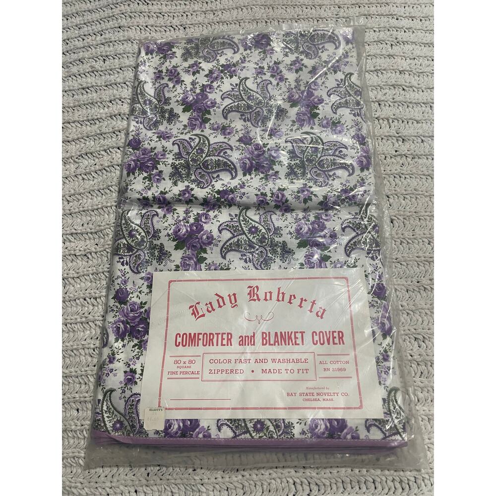 VTG NIP Lady Roberta Comforter Blanket Cover 80x80 Percale Floral Purple Cotton